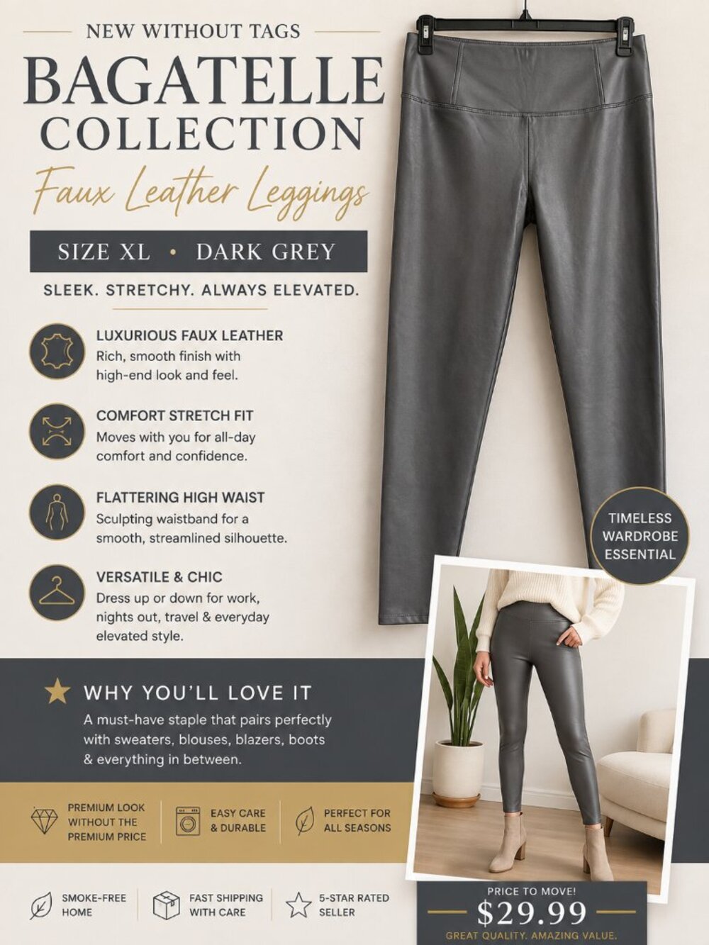 Bagatelle Collection Dark Gray Faux Leather High Waist Leggings XL NWOT